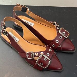 Steve Madden Burgundy Pointed Slingback Flats with Buckle & Grommet Detail
